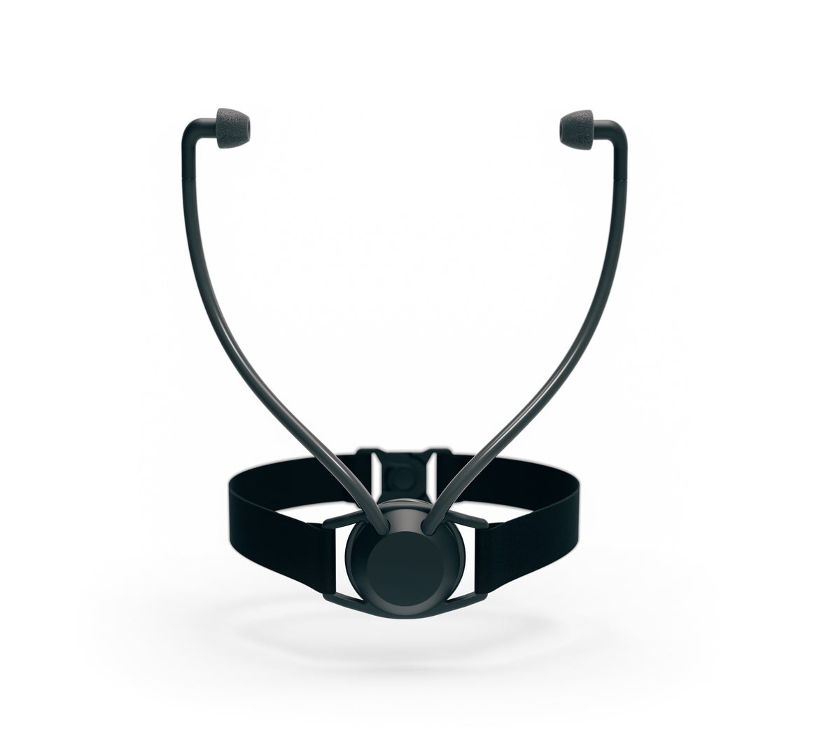 Front view of Inpulse with collar, acoustic chamber, tubes, and ear tips.