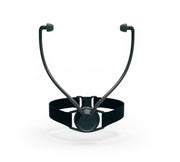 Front view of Inpulse, a fully analog meditation device with an adjustable collar, acoustic chamber, tubes, and ear tips that carry the sound of your breath.